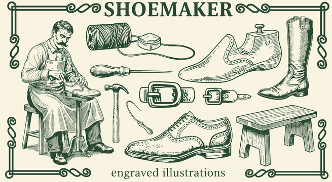 Craftsmanship shines in premium collection of engraved shoemaker illustrations with tools and footwear design elements 