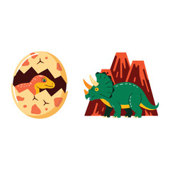 Dinosaur hatchling eggs and green stegosaur near volcano, vector for Easter science day, museum workshop poster, kids activity graphic. © kdpprosolutions2015