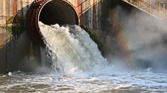 Water gushes violently from rusty pipe into water, rainbow arc forms, next to old concrete