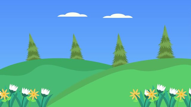 Green Hills Landscape in Springtime. Springs concept. Full length animation illustration. High quality&nbsp;4k&nbsp;footage