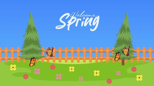 Spring Garden with Fence. Springs concept. Full length animation illustration. High quality&nbsp;4k&nbsp;footage