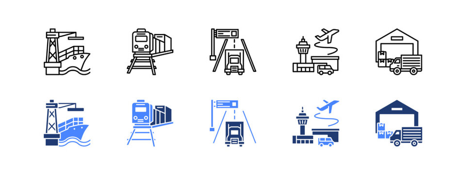 Transport infrastructure icon set with multimodal transport, logistics facilities, cargo movement, freight systems, and storage operations.
