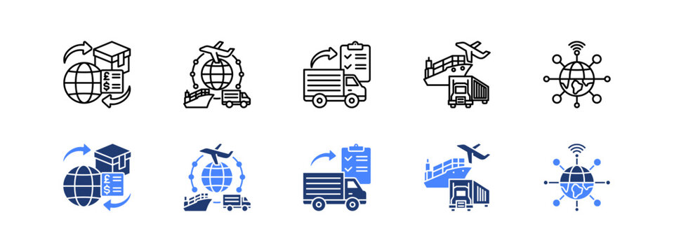 Trade infrastructure icon set with global commerce, logistics systems, transportation networks, economic connectivity, and trade development.