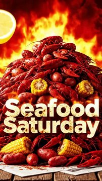 Seafood saturday promotion video featuring large pile of boiled crawfish with corn and potatoes against dramatic fire and smoke background