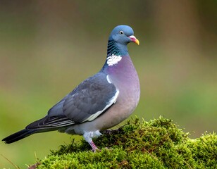 Fototapeta premium Bird portrait, vibrant colors of plumage, perched on mossy log, blurry background