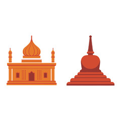 Obraz premium Asian temple and stupa vector collection with domes and spires, vesak celebration poster, pilgrimage festival design, cultural architecture graphics