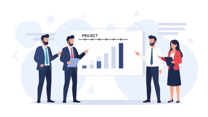 Obraz premium Business team presenting project progress report with bar chart on whiteboard
