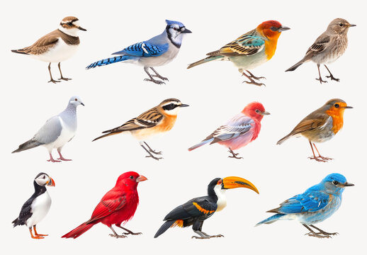 Colorful Birds On White Background Design Set