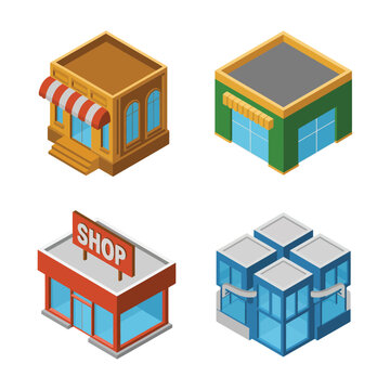 Small retail storefront icons set with awnings, kiosk cube, corner shop, modular building blocks for marketplace map, signage, branding design