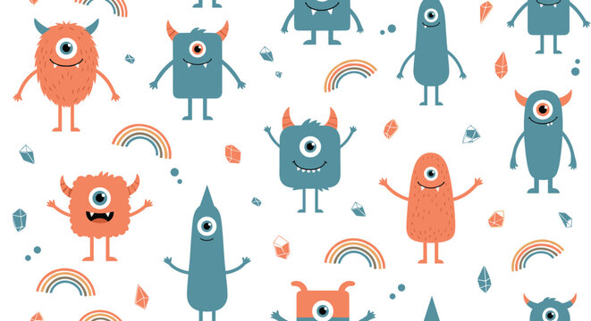 Playful seamless pattern featuring a variety of cute one-eyed cartoon monsters in vibrant colors, along with rainbows and crystals.