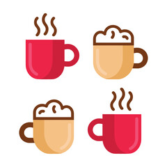 Obraz premium Coffee break icons, steaming mugs assortment, cafe meetup poster, networking session refreshments, morning seminar banner, hot beverage station vector