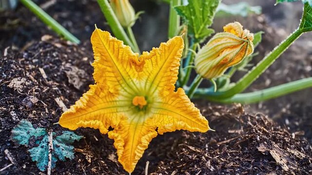 flower pumpkin. A vibrant yellow zucchini flower blooms amidst lush green leaves and rich brown soil, symbolizing growth and the potential of the garden environment