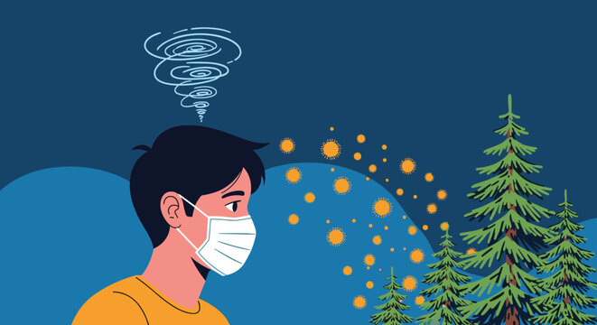 Person wearing a protective face mask in a forest environment, surrounded by swirling pollen particles, symbolizing allergies or air pollution.