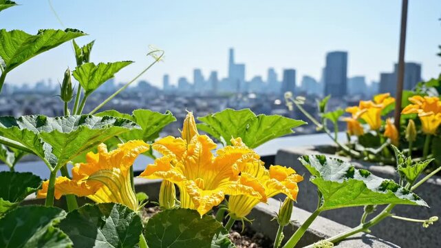 flower pumpkin. A vibrant rooftop garden showcases bright yellow flowers amidst lush green leaves, set against an urban skyline under clear blue skies, merging nature with city life