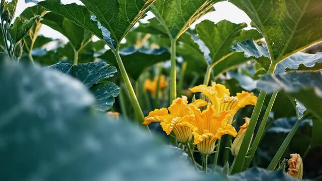 flower pumpkin. Lush green pumpkin leaves conceal vibrant yellow flowers, creating a rich tapestry of nature under soft sunlight, emphasizing growth and seasonal beauty