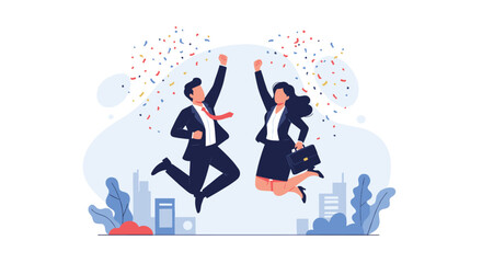 Fototapeta premium Jubilant business couple enthusiastically jumping in celebration as confetti rains down, symbolizing outstanding success and achievement in their careers.