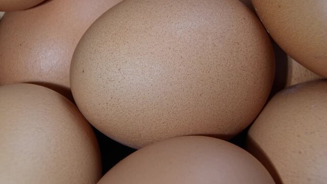 Rotating stack of brown chicken eggs in side view