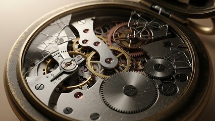 Close up of a vintage pocket watch showing intricate internal mechanisms