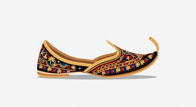 Vibrant traditional indian jutti shoes with intricate embroidery on white background