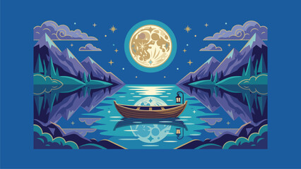 Full Moon Night Landscape with Reflecting Lake, Mountains, and Serene Wooden Boat. Tranquil Nature Illustration.