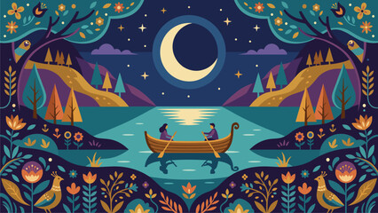 Whimsical Nighttime Boating: Couple on Lake under Crescent Moon with Folk Art Flora and Fauna