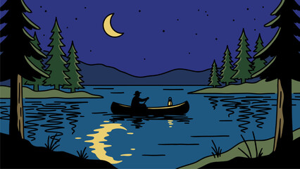 Night canoeing on a tranquil lake under a crescent moon. Lone adventurer with lantern amidst pine trees. Serene wilderness illustration.