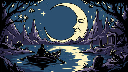 Mystical Moonlit Journey: Solitary Rower on a Lake Under a Crescent Moon with a Face