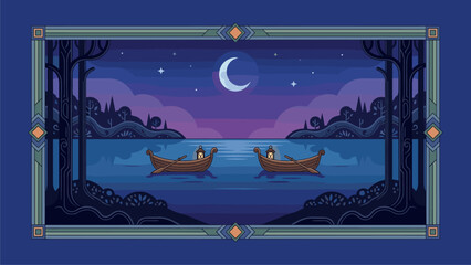 Mystical Night Lake with Two Boats Under Crescent Moon - Stylized Forest & Cityscape Illustration