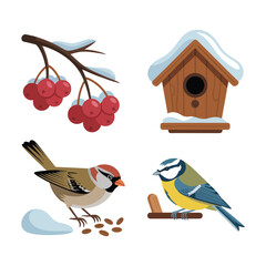 Garden birdwatch postcard, birdhouse with berries, sparrow and tit in snow, winter nature club meet, field observation session schedule © kdpprosolutions2015
