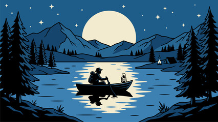 Peaceful Night Lake Adventure: Lone Boater under Full Moon & Stars with Mountains & Forest Camp. Wilderness Vector Illustration.