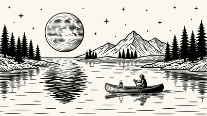Full moon night canoeing on a lake with mountains and forest. Vintage outdoor adventure nature illustration.