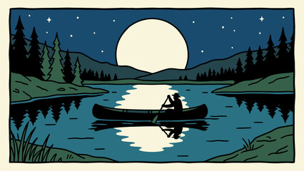 Night Canoe Ride on Serene Lake Under Full Moon and Stars. Couple Paddling Through Forest Landscape. Outdoor Adventure Illustration.