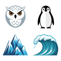 Obraz premium Snowy owl and penguin scene, icy mountain peaks and rolling wave, winter wonderland parade poster, school assembly session graphics vector
