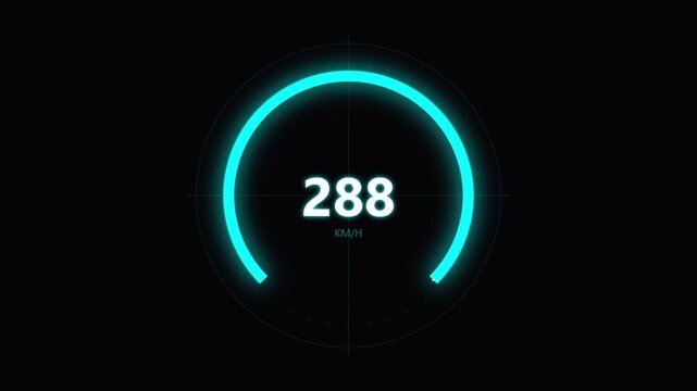 Digital speedometer gauge animation. Automotive dashboard needle rotating. Futuristic car instrument cluster loop.