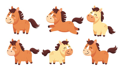 Fototapeta premium A set of cartoon horses in various playful poses and colors
