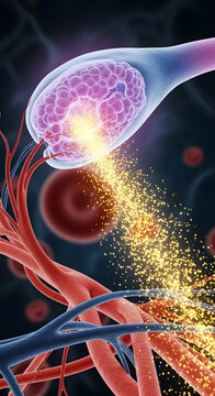 Synaptic transmission in the brain, neurotransmitters released from presynaptic neuron to postsynaptic neuron, brain activity, neuroscience, medical illustration