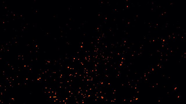 Fiery orange bonfire dust particles animation on black background. Flowing fire ashes in the dark night. Fire particles flying- Sparks particle dust inferno fire explosion with realistic movement.