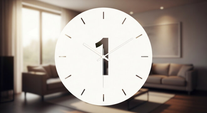Large white clock with one o'clock in modern living room with beige sofa and natural light
