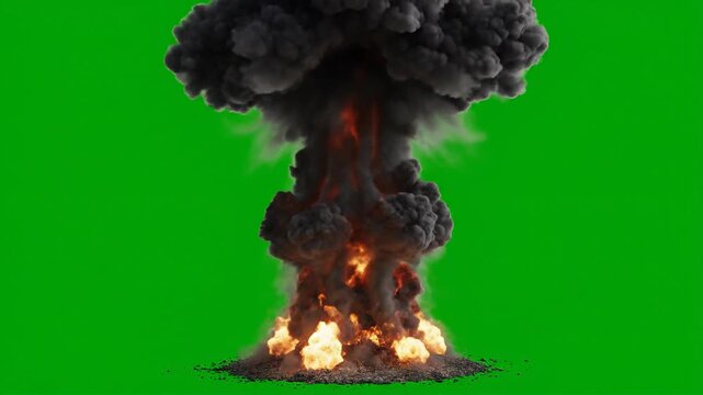 Massive nuclear explosion mushroom cloud, intense fire and smoke, green screen effect