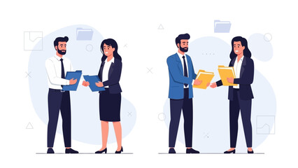 Obraz premium Business partners exchanging documents, teamwork, collaboration, office meeting