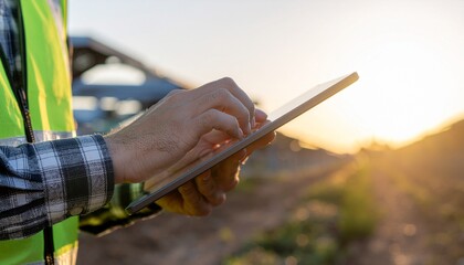 Obraz premium Engineer in safety vest using a tablet outdoors at sunset, managing a project with digital technology.
