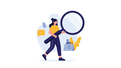 Obraz premium Concept of searching or auditing featuring a woman carrying a giant magnifying glass to investigate data or find specific information.