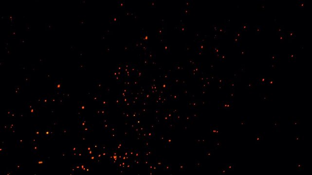 Fiery orange bonfire dust particles animation on black background. Flowing fire ashes in the dark night. Fire particles flying- Sparks particle dust inferno fire explosion with realistic movement.