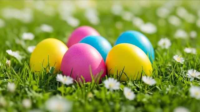 Vibrant colorful eggs nestled in lush green grass with white daisies on a sunny spring day
