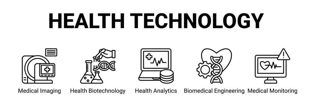 Health Technology web banner icon concept, with Medical Imaging, Health Biotechnology, Health Analytics, Biomedical Engineering.