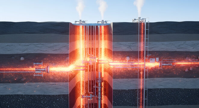 Cross section of the earth showing a geothermal power plant drilling operation with steam and energy extraction from underground heat sources