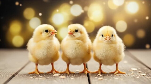 Three adorable fluffy yellow chicks standing together on a rustic wooden surface with warm bokeh background