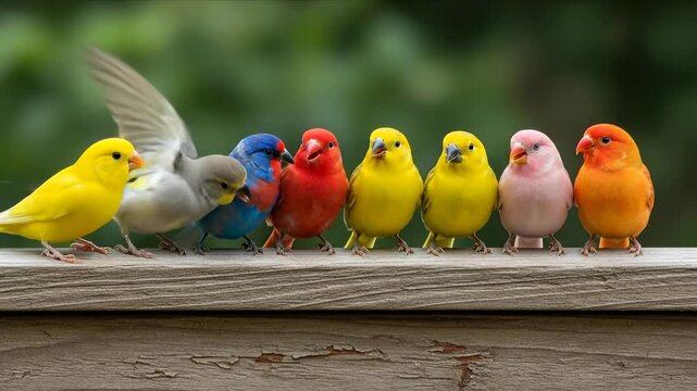Group of eight colorful finch-like birds perched together on an old weathered wooden fence with soft green background