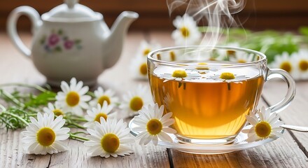 Relaxing Chamomile Tea with Flowers and Teapot Still Life.