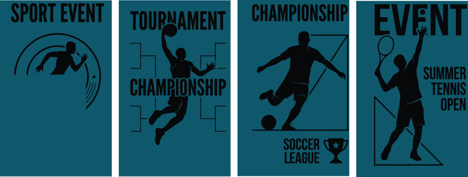 Sports event posters for tennis basketball and soccer tournament championship isolated on transparent background